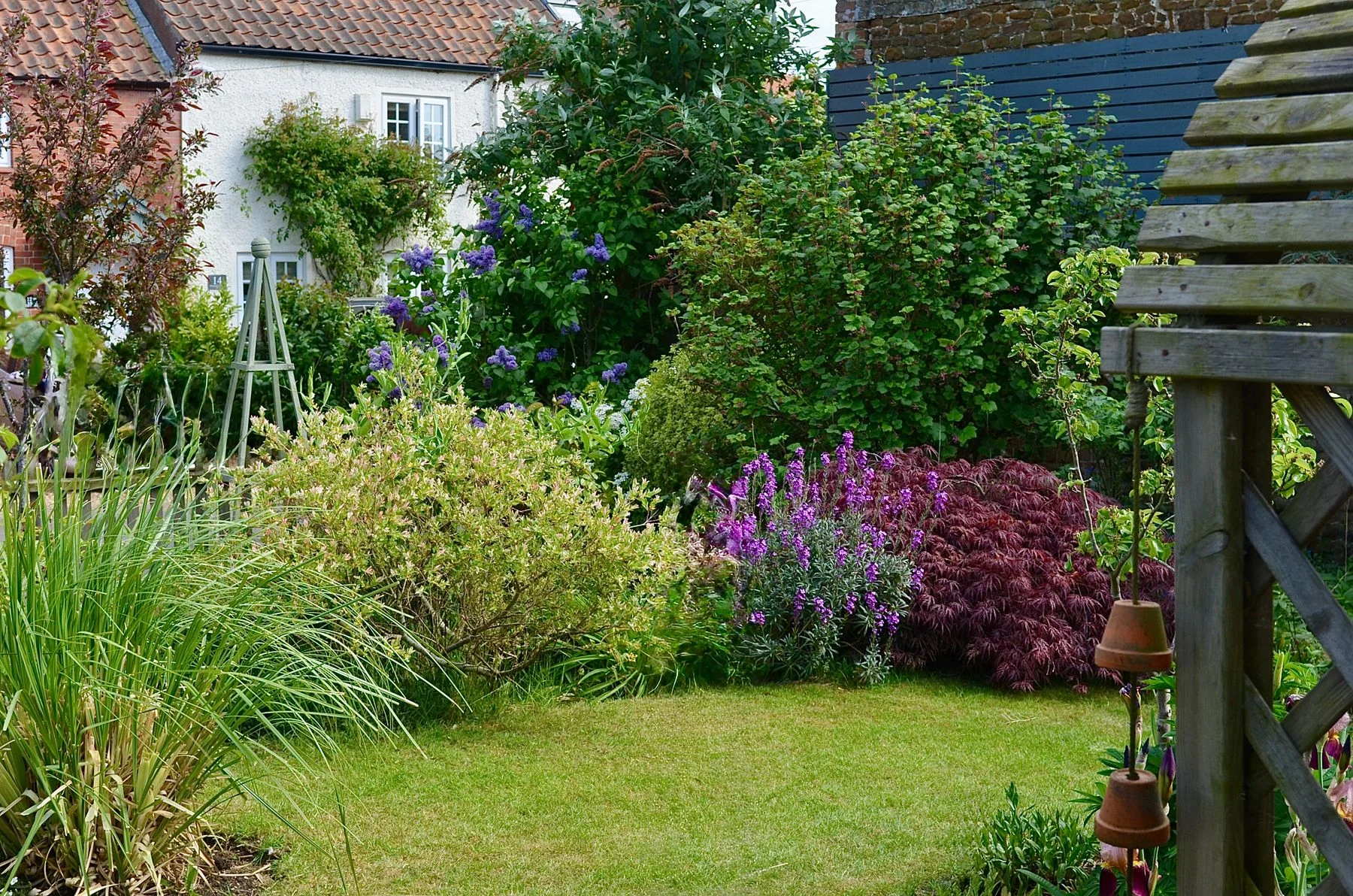 A small cottage garden with a mown lawn, flowering borders and established shrubs